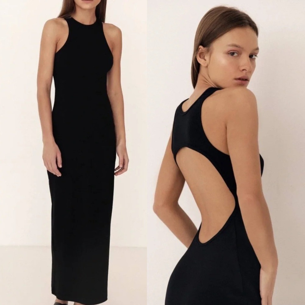 Bazilika Black Ribbed Cotton Racerback‎ Open Back Maxi Dress XS